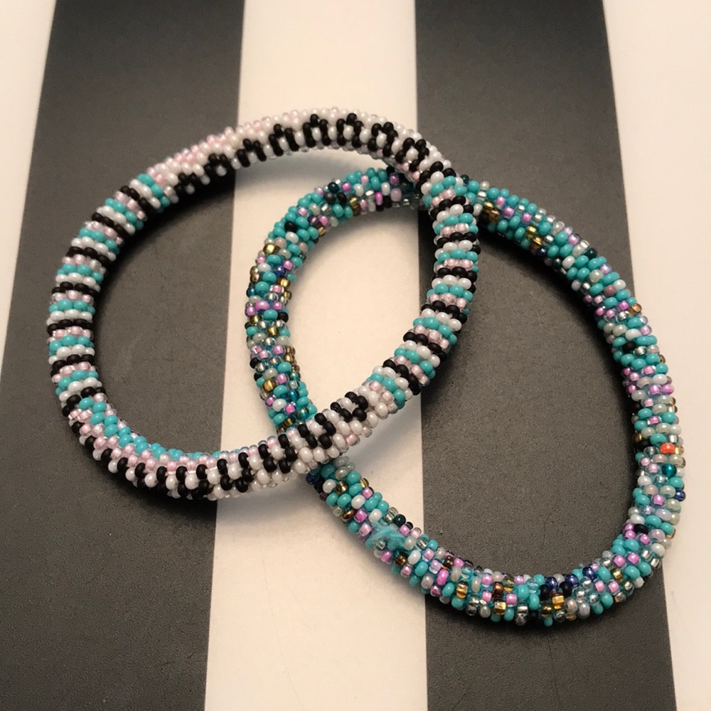 Pink and aqua seed bead bracelets